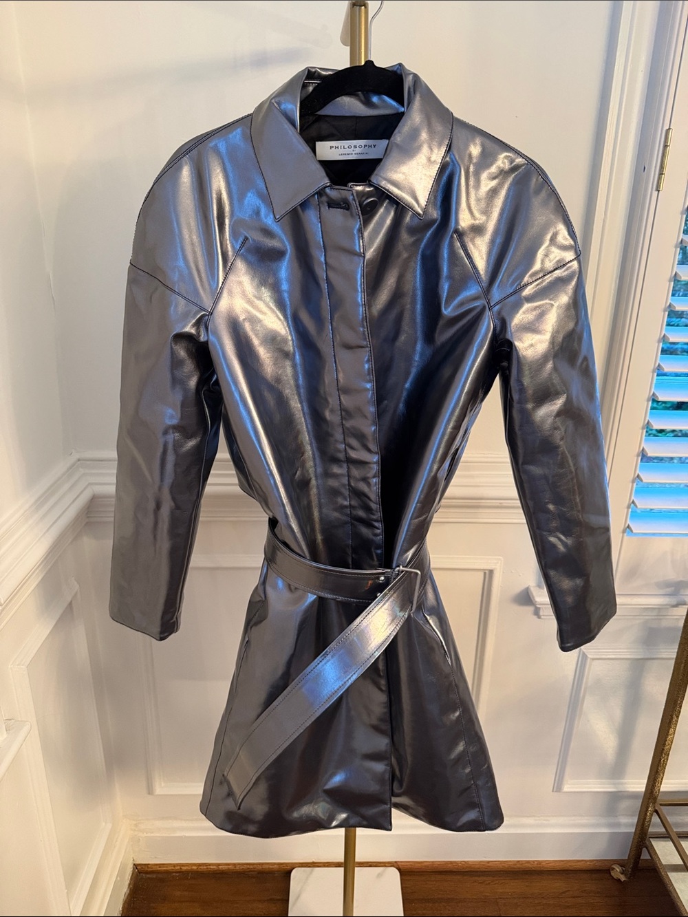 Philosophy Di Lorenzo Serafini Shiny Silver Belted Trench Coat